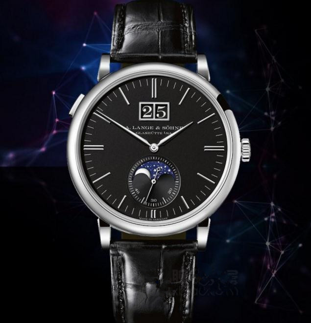 A. Lange & Söhne Saxonia fake watches with black dials adapat moonphase function.