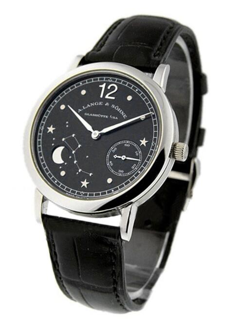 The black dial fake watch has a black alligator leather strap.