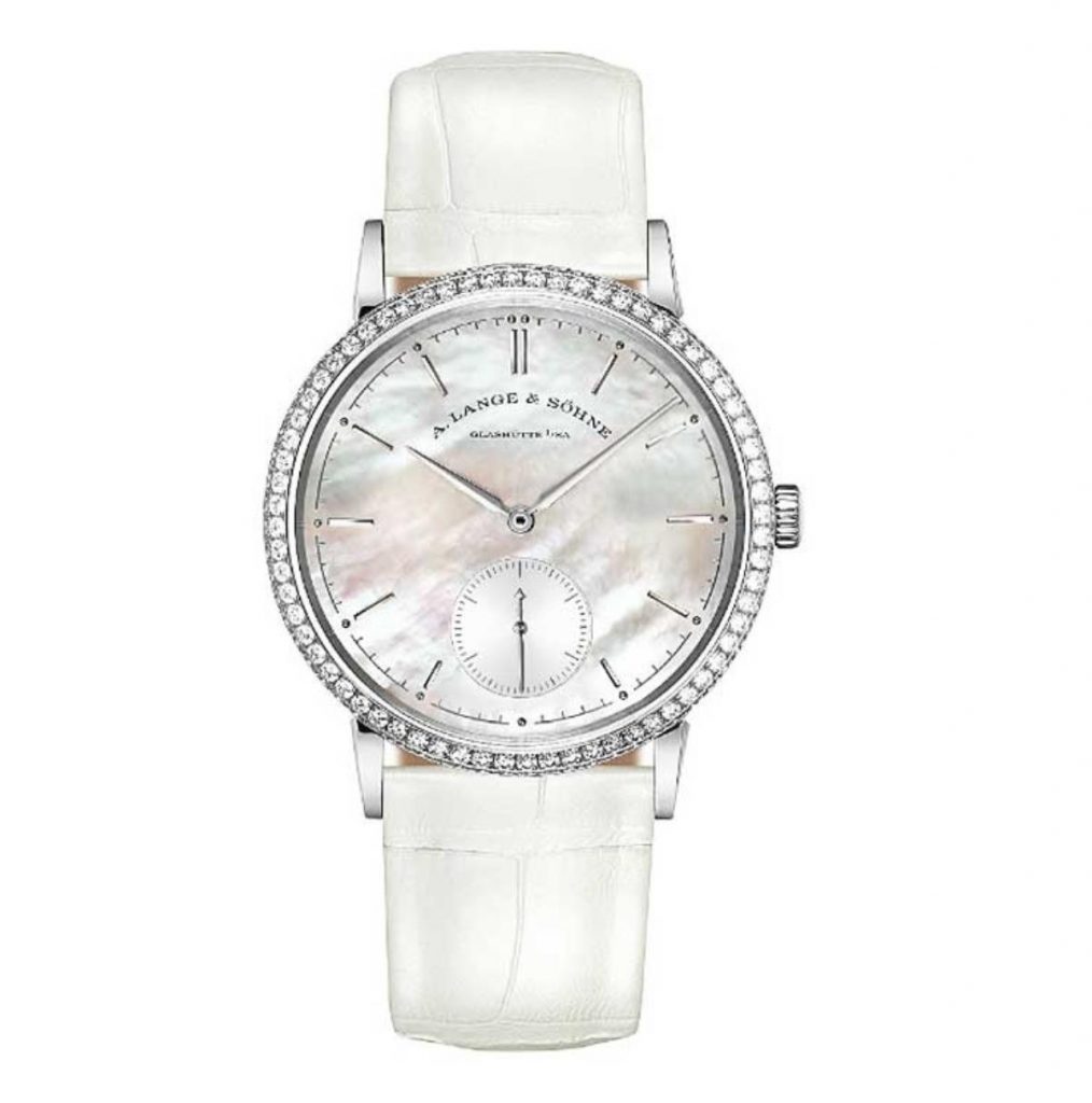 The 18k white gold fake watch is decorated with diamonds.