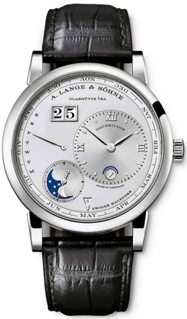 The silvery dial fake watch has a black strap.