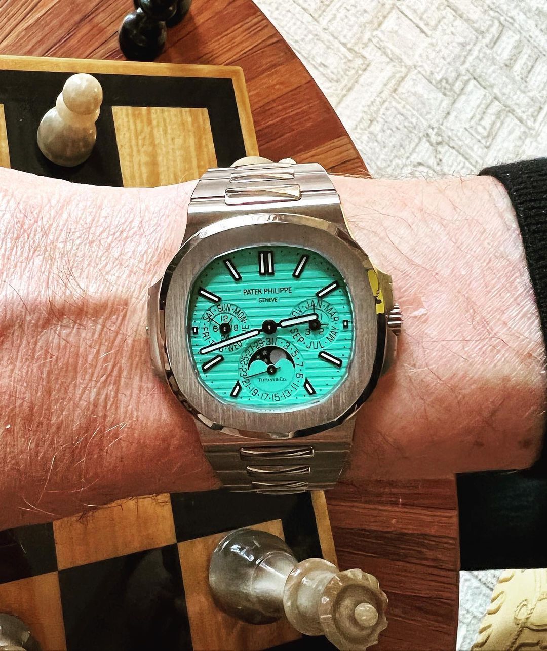 Spotted Bernard Arnault, Owner of LVMH, With a Unique Tiffany-Blue UK Replica Patek Philippe Nautilus Perpetual 5740